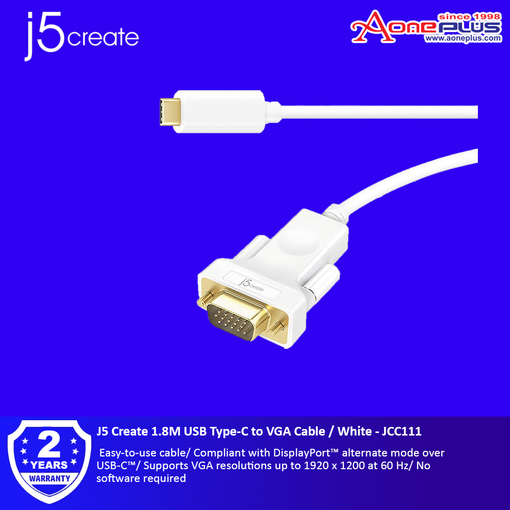 J5 Create 1.8M USB Type-C to VGA Cable / White - JCC111