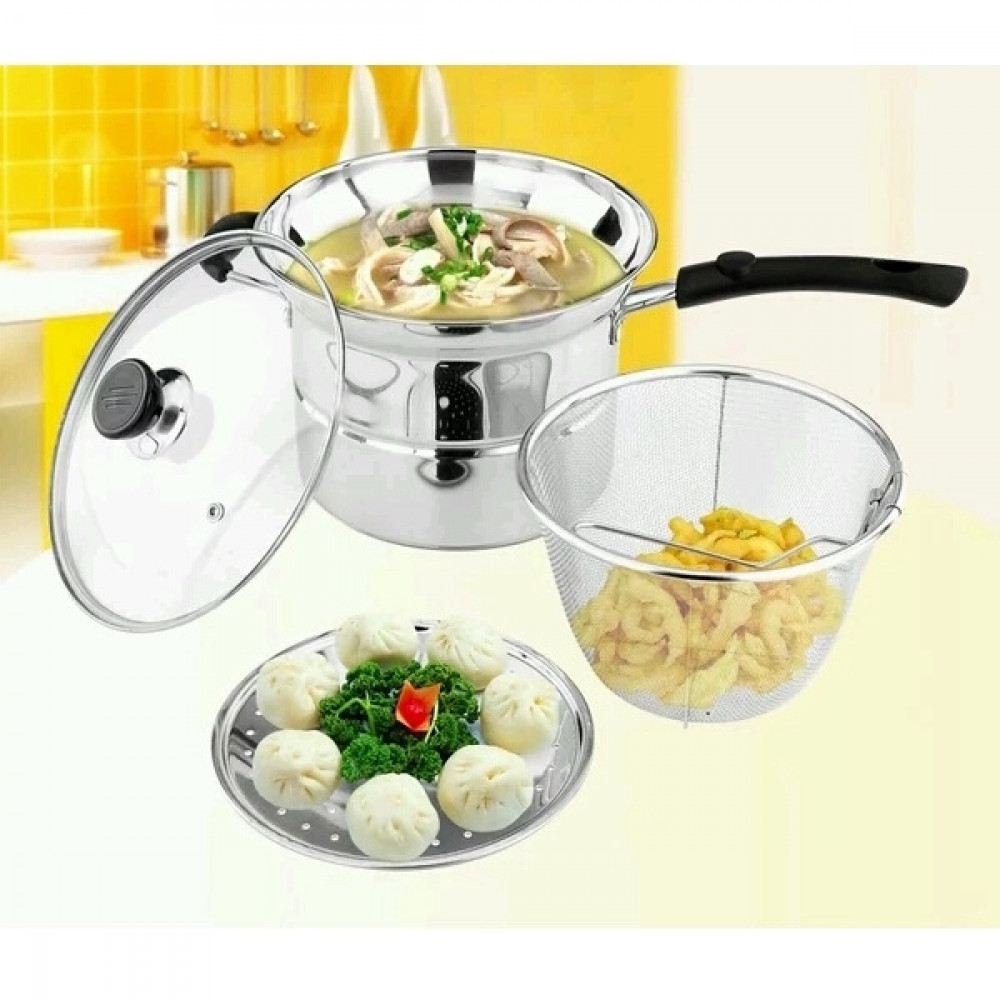 Stainless Steel Multi Usage Cooking Pot Deep Fry Steam Stew 4 Pcs X 22cm Periuk Kukus