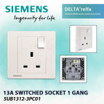 Siemens 13A 1 Gang SP Switched Socket With Indicator White 5UB1312-3PC01#DELTA Relfa#Sirim Switch Socket#3 Flat Pin Plug#插座