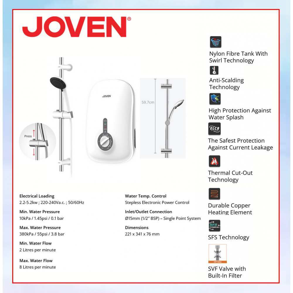 Joven SA10e (SLIDER BAR) Instant Water Heater Without Pump (WHITE COLOR)